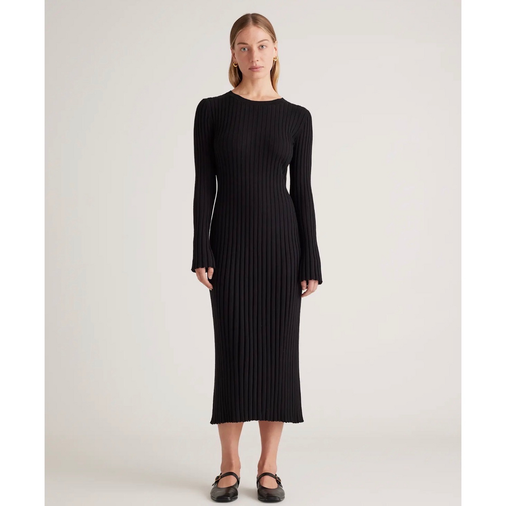 Quince Cotton Cashmere Ribbed Long Sleeve Crew Midi Dress in Black XS